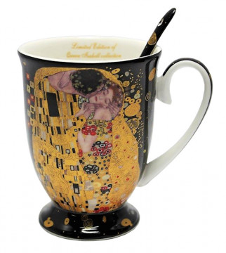 Set cadou cana cu lingurita Klimt - The Kiss - Negru 300 ml