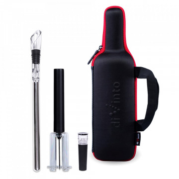 Set de servire vin in carcasa Elegance - tirbuson cu presiune de aer, racitor cu antipicurator, dop de vidare