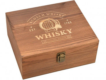 Set de Whisky cu 2 pahare, cuburi de racire inox, cleste, in cutie de lemn de pin