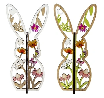 Iepuras de Paste din lemn decorat cu flori 22 cm (1 bucata) - Img 2