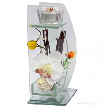 Aranjament floral Ikebana White Orchid in cutie de sticla cu suport de lumanare 20x9 cm