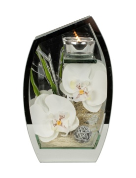 Aranjament floral Lux Orhidee albe in cutie de sticla cu oglinda 22,5x14 cm