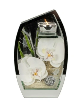 Aranjament floral Lux Orhidee albe in cutie de sticla cu oglinda 22,5x14 cm