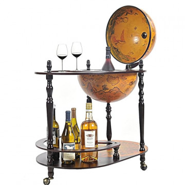 Bar Glob Pamantesc din lemn masiv tip carucior cu roti pe 2 nivele si tava de servire, diametru 42 cm maro roscat, 94x80x51 cm