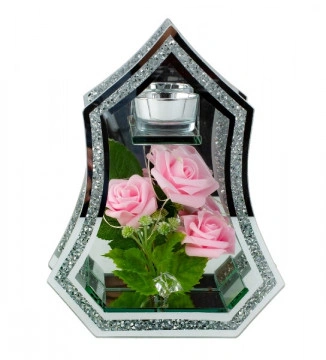 Cadou Aranjament Lux - Romanta - Vas de sticla Brilliant, Trandafiri roz, lumini LED si Lumanare 23,5x18 cm - Img 3