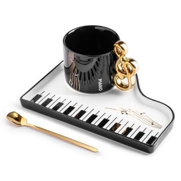 Cadou tema muzicala - Set de cafea Pian pentru melomani cu Cana Cheia Sol, farfurie si lingurita - Img 2