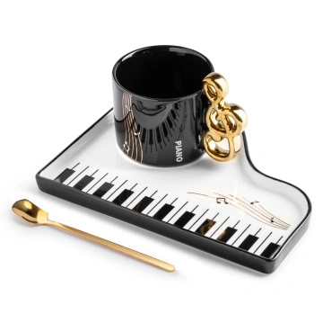 Cadou tema muzicala - Set de cafea Pian pentru melomani cu Cana Cheia Sol, farfurie si lingurita - Img 2