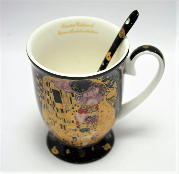 Set cadou cana cu lingurita Klimt - The Kiss - Negru 300 ml
