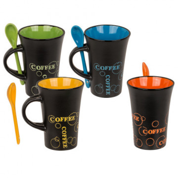 Set de cafea 4 Cani negre cu lingurita ceramica