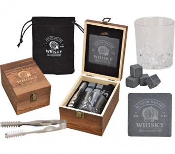 Set de Whisky cu pahar, cuburi de racire din granit, cleste, coaster ardezie, in cutie de lemn de pin