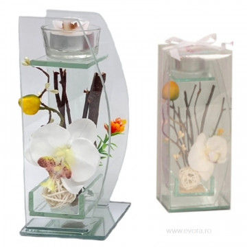 Aranjament floral Ikebana White Orchid in cutie de sticla cu suport de lumanare 20x9 cm