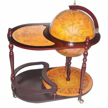 Bar Glob Pamantesc din lemn masiv tip carucior cu roti pe 2 nivele si tava de servire, diametru 42 cm maro roscat, 94x80x51 cm