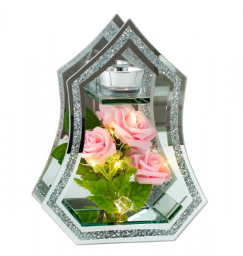 Cadou Aranjament Lux - Vaza de sticla Brilliant cu cristale si oglinda, Trandafiri roz, lumini LED si Suport lumanare 23,5x18cm