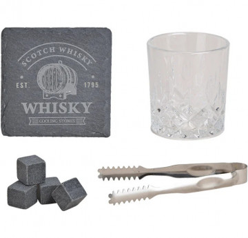 Set de Whisky cu pahar, cuburi de racire din granit, cleste, coaster ardezie, in cutie de lemn de pin