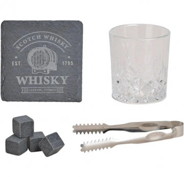 Set de Whisky cu pahar, cuburi de racire din granit, cleste, coaster ardezie, in cutie de lemn de pin - Img 6