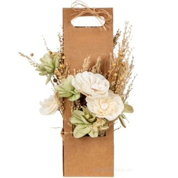 Aranjament de flori naturale uscate alb cu verde in cutie craft 30,5 cm
