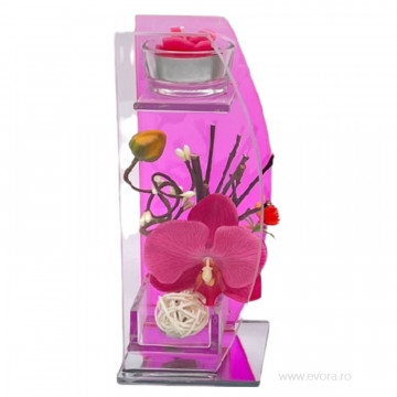 Aranjament floral Ikebana Pink Orchid in cutie de sticla cu suport de lumanare 20x9 cm