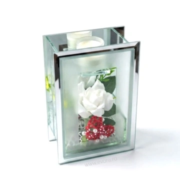 Aranjament floral Lux Trandafir alb in cutie de sticla cu oglinda si lumanare 22x15 cm - Img 3