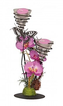 Aranjament floral roz de primavara cu suport de lumanari metalic 27x13 cm