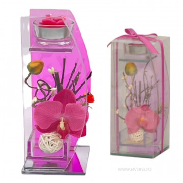 Aranjament floral Ikebana Pink Orchid in cutie de sticla cu suport de lumanare 20x9 cm