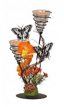 Aranjament floral oranj de primavara cu suport de lumanari metalic 27x13 cm