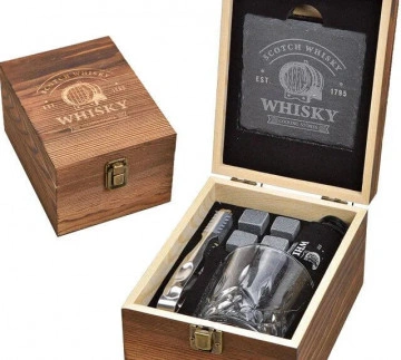 Set de Whisky cu pahar, cuburi de racire din granit, cleste, coaster ardezie, in cutie de lemn de pin - Img 8