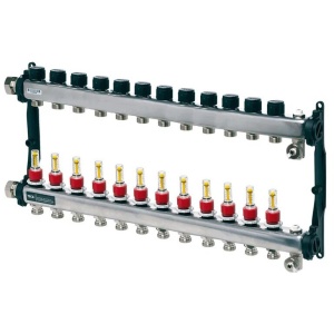 Colector distribuitor din inox Tece, cu debitmetre, 1" 12 iesiri, 3/4" eurocon