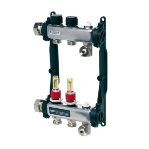 Colector distribuitor din inox Tece, cu debitmetre, 1" 2 iesiri, 3/4" eurocon