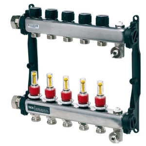 Colector distribuitor din inox Tece, cu debitmetre, 1" 5 iesiri, 3/4" eurocon