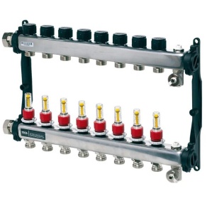 Colector distribuitor din inox Tece, cu debitmetre, 1" 8 iesiri, 3/4" eurocon