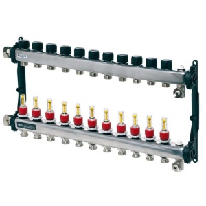 Colector distribuitor din inox Tece, cu debitmetre, 1" 11 iesiri, 3/4" eurocon