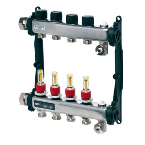 Colector distribuitor din inox Tece, cu debitmetre, 1" 4 iesiri, 3/4" eurocon