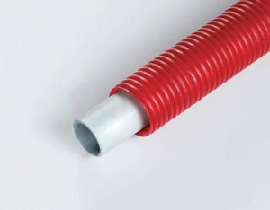 Teava Tiemme cobra - pex alba,16x 2.2, colac 50 m, in teaca ondulata rosie cu ext 24.5 mm