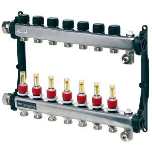 Colector distribuitor din inox Tece, cu debitmetre, 1" 7 iesiri, 3/4" eurocon