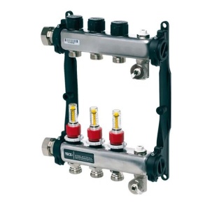 Colector distribuitor din inox Tece, cu debitmetre, 1" 3 iesiri, 3/4" eurocon