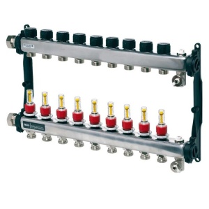 Colector distribuitor din inox Tece, cu debitmetre, 1" 9 iesiri, 3/4" eurocon