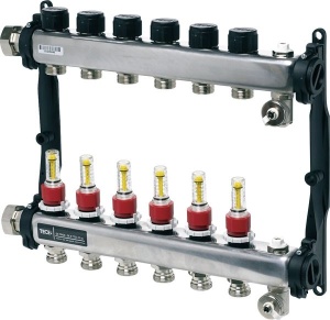 Colector distribuitor din inox Tece, cu debitmetre, 1" 6 iesiri, 3/4" eurocon