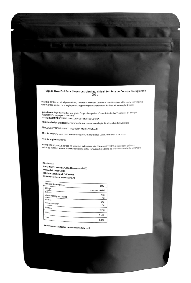 Fulgi de Ovaz Fini Fara Gluten cu Spirulina, Chia si Seminte de Canepa Ecologici/Bio 200g - Img 3