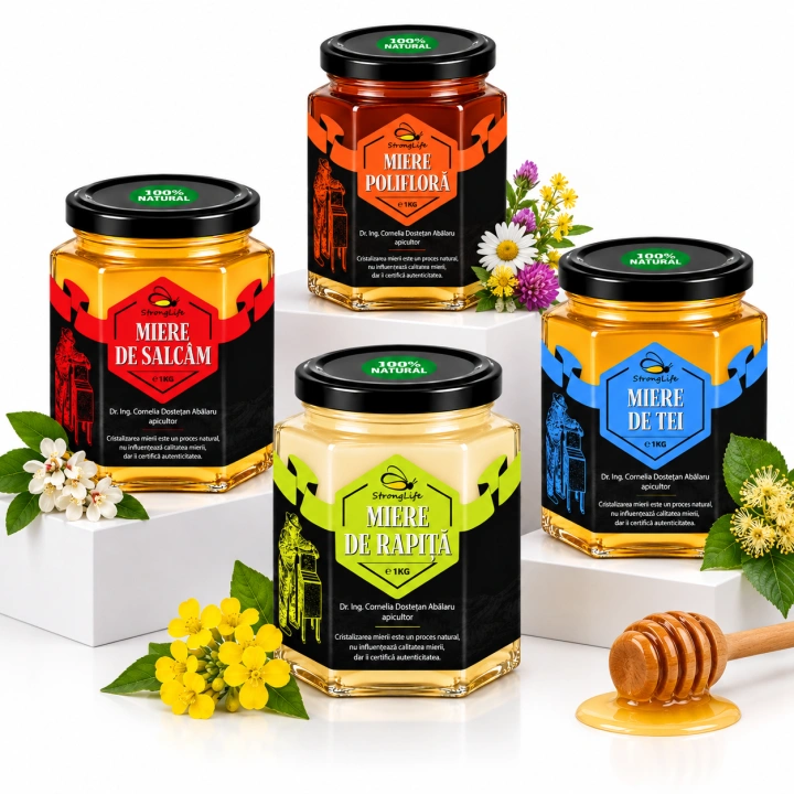 Pachet 4 sortimente de miere naturală StrongLife – salcâm, tei, rapiță și polifloră – 4 × 1 kg - Img 4