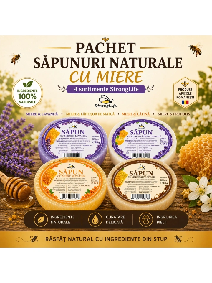 Pachet săpunuri naturale cu miere StrongLife – 4 sortimente, 4 × 80 g - Img 2