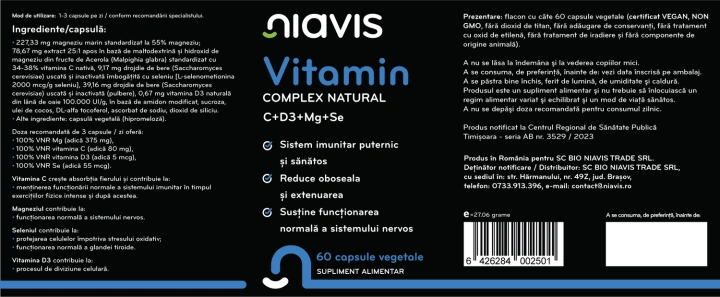 Vitamin Complex Natural C+D3+Mg+Se 60 cps - Img 2