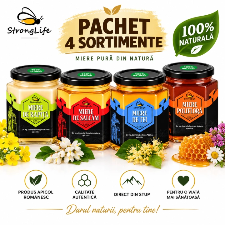 Pachet 4 sortimente de miere naturală StrongLife – salcâm, tei, rapiță și polifloră – 4 × 350g - Img 2