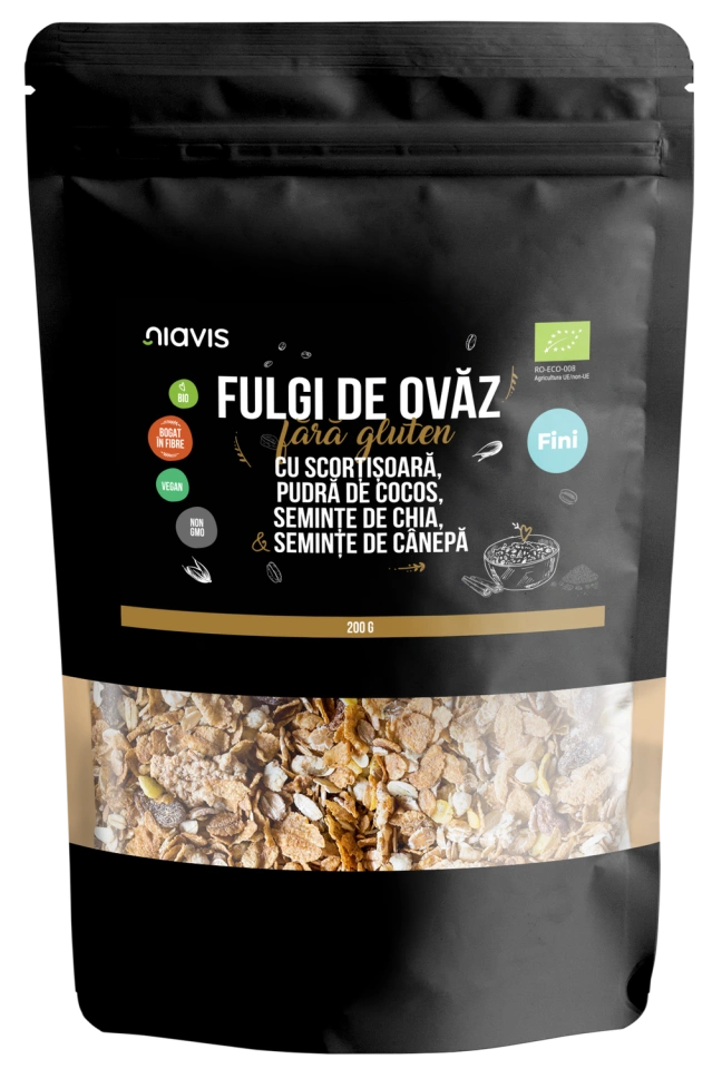 Fulgi de Ovaz Fini Fara Gluten cu Scortisoara, Pudra de Cocos, Chia si Seminte de Canepa Ecologici/Bio 200g - Img 2