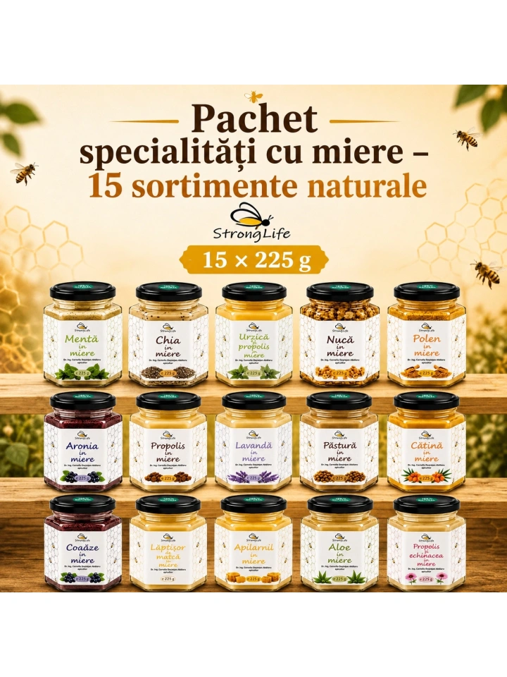 Pachet specialități cu miere – 15 sortimente naturale StrongLife, 15 × 225 g - Img 2