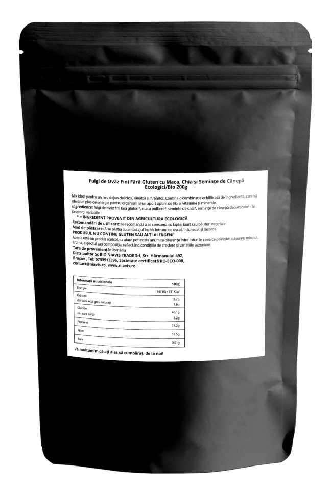 Fulgi de Ovaz Fini Fara Gluten cu Maca, Chia si Seminte de Canepa Ecologici/Bio 200g - Img 2