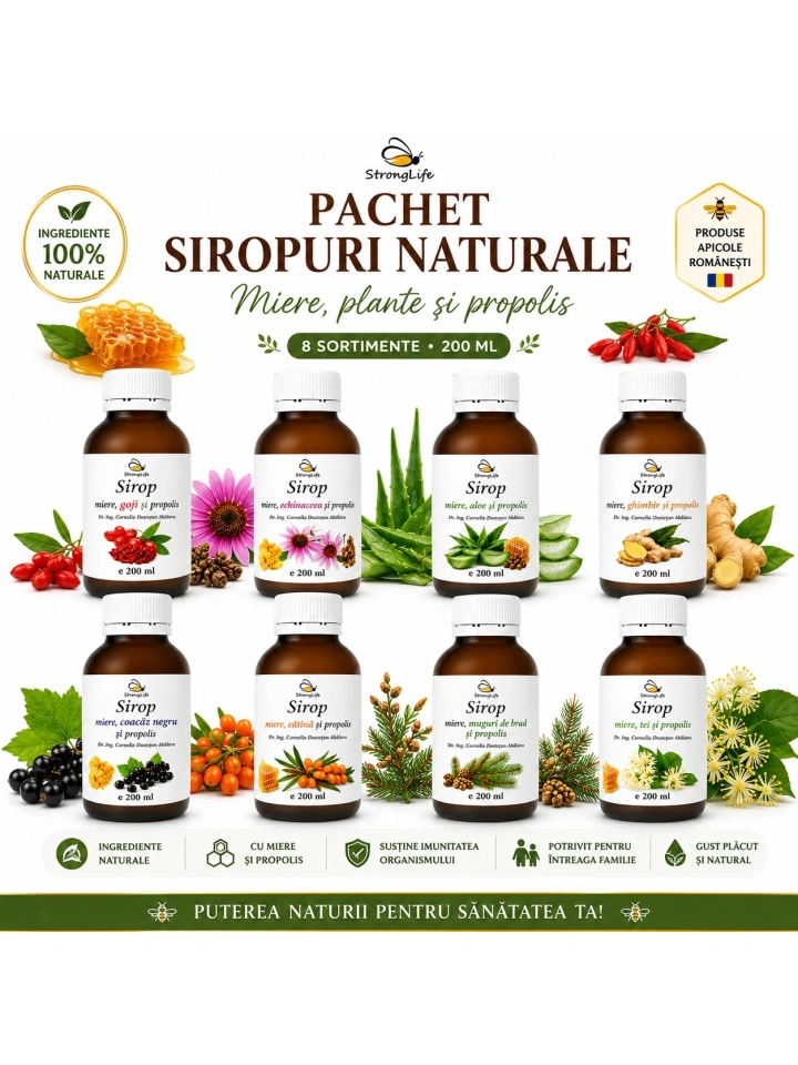 Pachet siropuri naturale cu miere și propolis StrongLife – 8 sortimente, 8 × 200 ml - Img 2