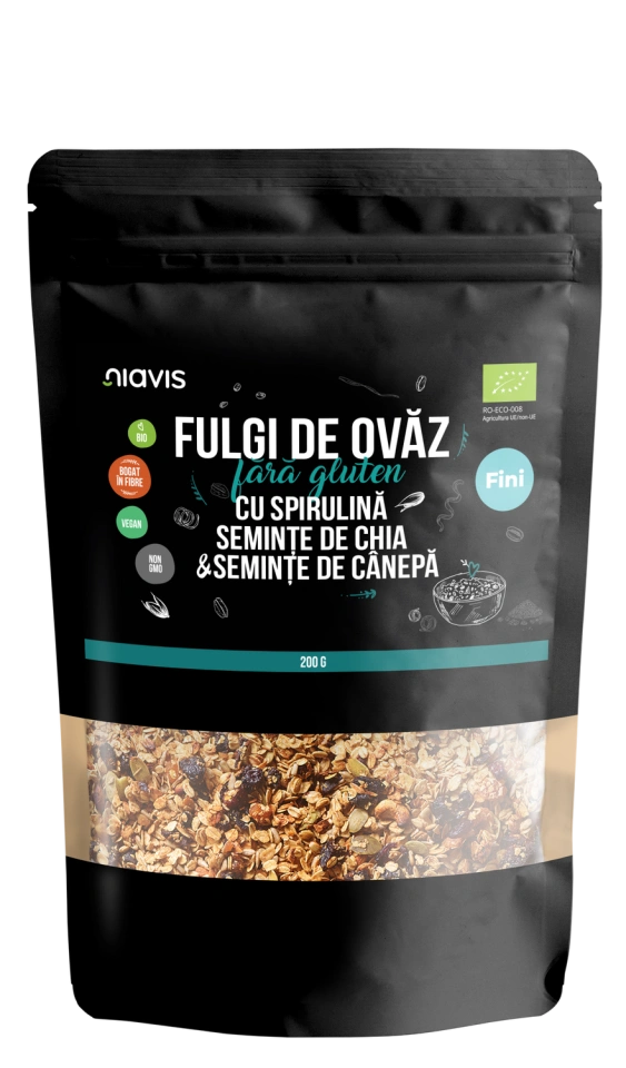 Fulgi de Ovaz Fini Fara Gluten cu Spirulina, Chia si Seminte de Canepa Ecologici/Bio 200g - Img 2