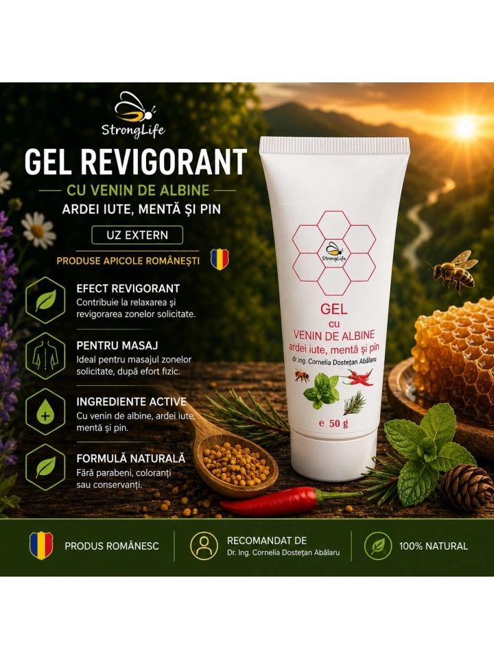 Gel revigorant cu venin de albine - 50g, ardei iute, menta si pin by Dr. Ing. Cornelia Dostetan Abalaru apicultor - Img 2