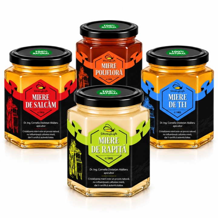 Pachet 4 sortimente de miere naturală StrongLife – salcâm, tei, rapiță și polifloră – 4 × 1 kg - Img 3