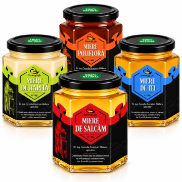 Pachet 4 sortimente de miere naturală StrongLife – salcâm, tei, rapiță și polifloră – 4 × 1 kg